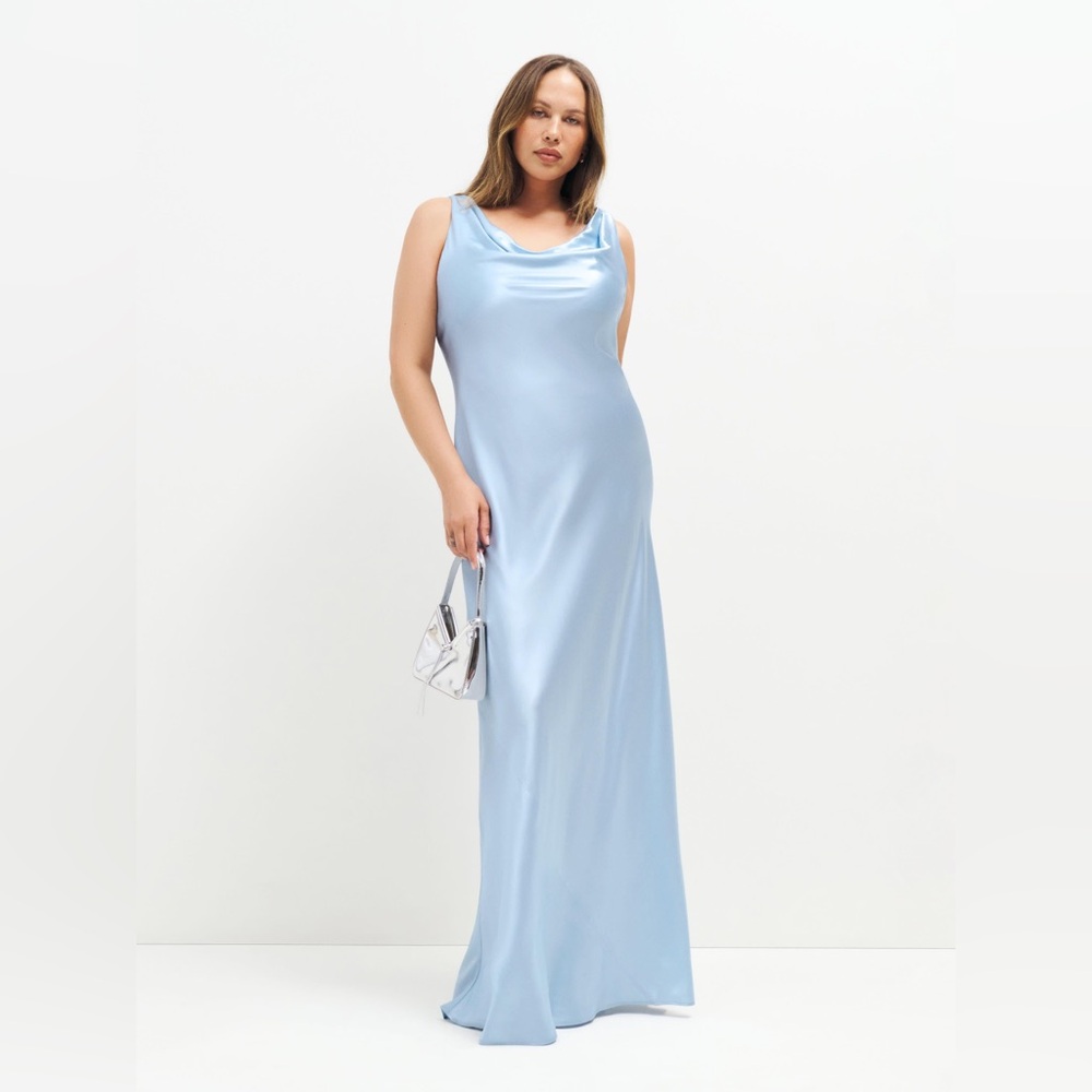NWT Reformation Annabelle Silk Dress size 14 blue horizon cowl neck maxi